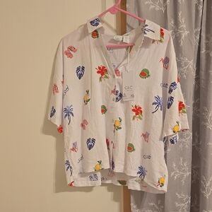 C&C California White Tropical Motif Short-Sleeve Button Shirt